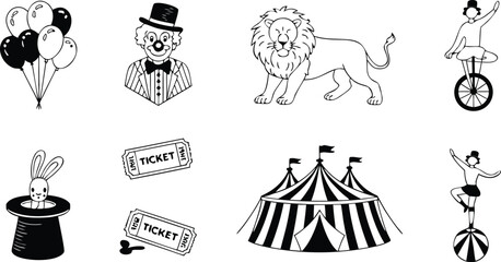 Naklejka premium Black and White Circus Illustration with Lion, Clown, Tent, Balloons, Acrobat, and Magic Rabbit