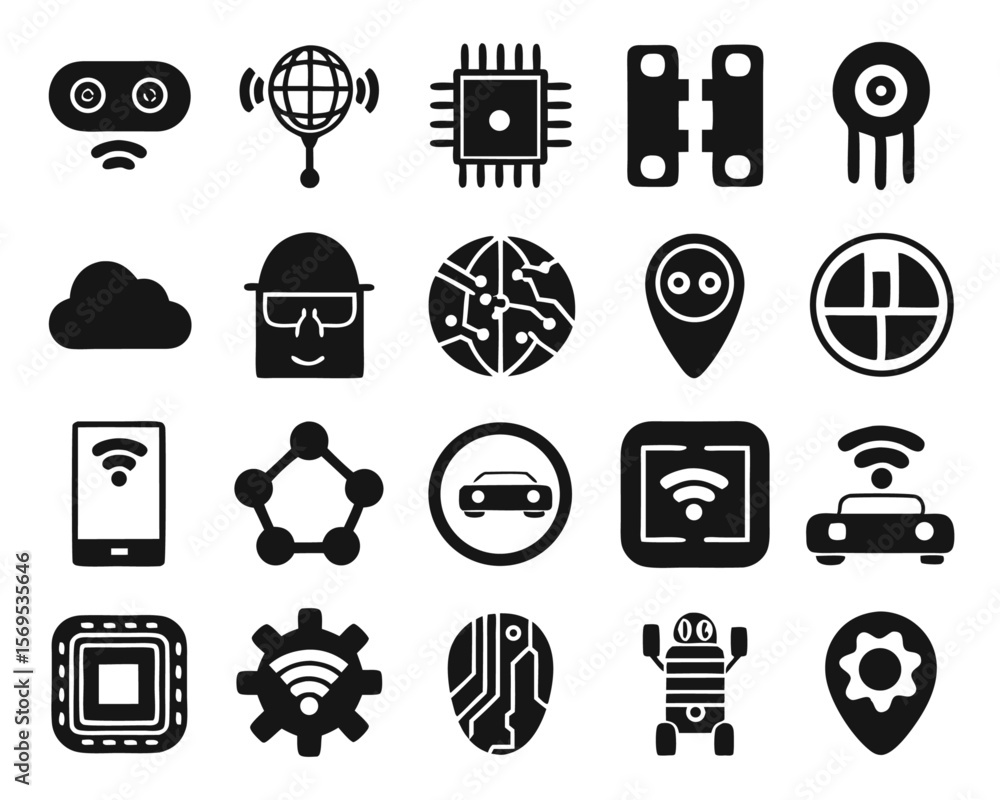 Poster comprehensive collection of modern digital technology symbols featuring connectivity artificial inte