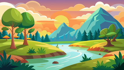 Vibrant cartoon landscape with a winding river and mountains at sunset