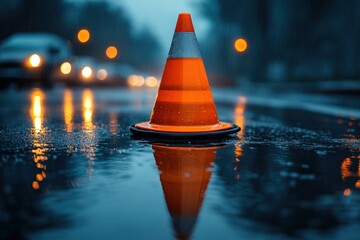 Road safety cone standing alone on wet pavement symbolizing warning with copy space. Soft ambient light. Rainy road background. 