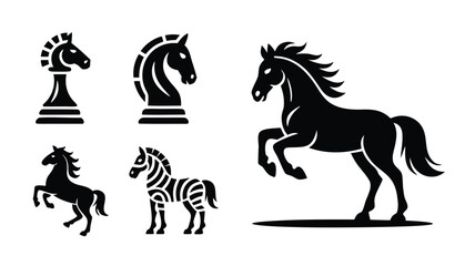 Obraz premium Black and White Illustration Featuring Chess Piece, Elegant Horses, and Zebra on White Background