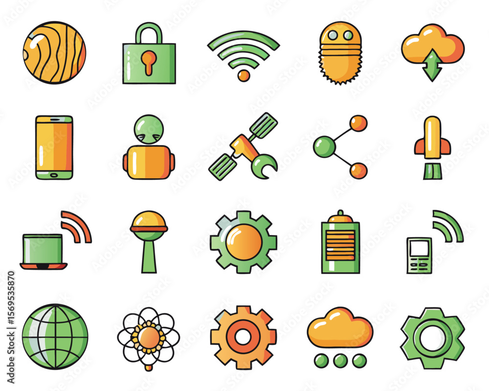 Poster comprehensive collection of modern technology symbols featuring connectivity artificial intelligence