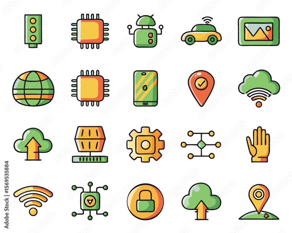Poster Comprehensive collection of modern digital technology symbols including 5g connectivity artificial intelligence automation robotics and interconnected internet of things devices