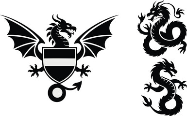 Black Dragon Silhouettes Heraldic Shield, Flying Wings, and Curled Dragon Illustrations on White Background