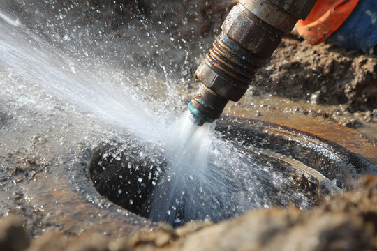 A cut main sewer line being hydro jetted for cleaning