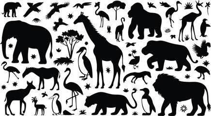 Fototapeta premium Black Silhouette Set of Wildlife Animals Featuring Lion, Elephant, Giraffe and Diverse Bird Species