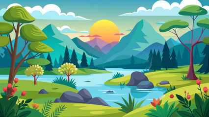 Vibrant cartoon landscape with a river mountains and a setting sun