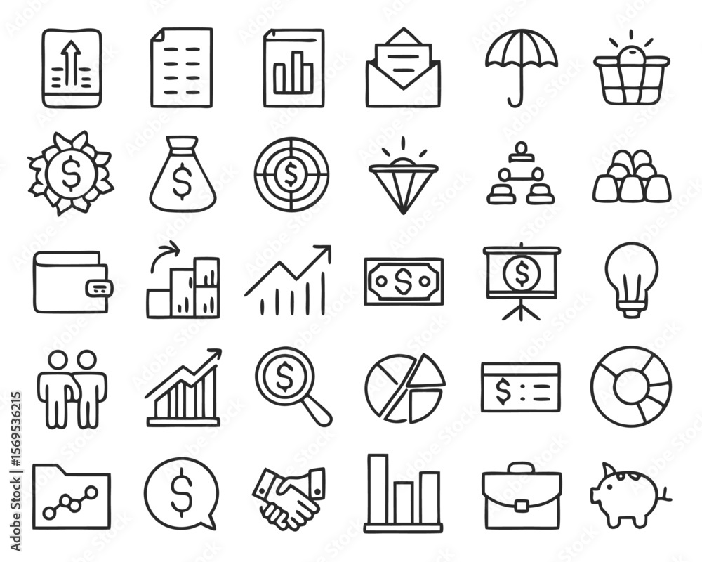 Poster a comprehensive collection of fifty distinct business and financial concepts rendered as clean moder