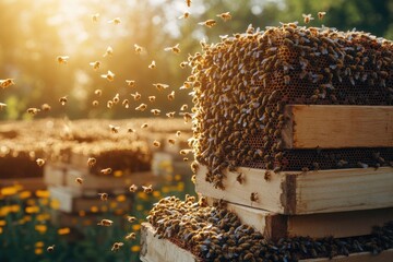 The beekeeping industry showing bees clustering on wooden hives during honey flow season with copy space.