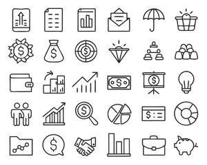 A comprehensive collection of fifty distinct business and financial concepts rendered as clean modern line art illustrations perfect for professional presentations and digital media