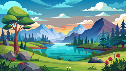 Serene mountain lake landscape at sunset with vibrant green hills and trees