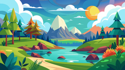 Vibrant geometric landscape with mountains lake trees and a bright sun