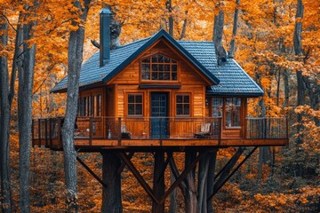 Tree house nestled in autumn foliage with vibrant leaves surrounding rustic wood deck with copy space. 