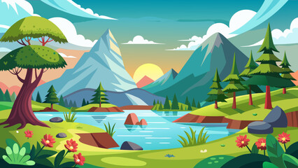 Vibrant cartoon landscape with mountains lake trees and flowers at sunrise