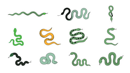 Cartoon Snake Collection Assorted Colors and Poses of Stylized Snakes on a White Background
