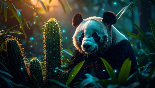 Giant Panda Sitting in Enchanting Forest with Glowing Blue Orbs and Golden Sunlight