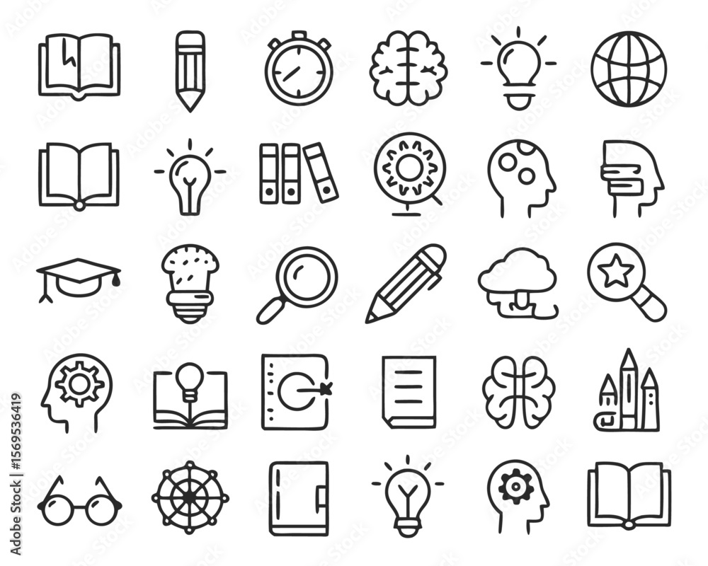 Poster comprehensive collection of academic learning symbols representing knowledge study bright ideas and 