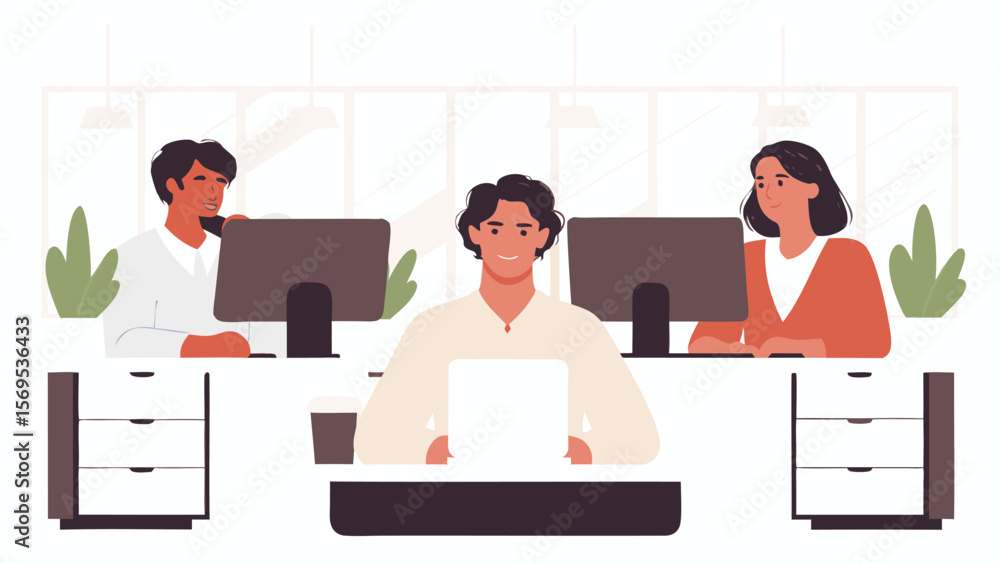 Poster three people working at computers in an office setting with plants and filing cabinets present here 