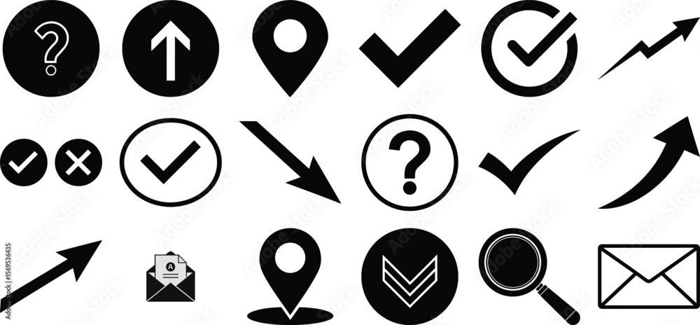 Aufkleber check marks arrows mail envelope question signs location pins magnifying glass and upload symbols