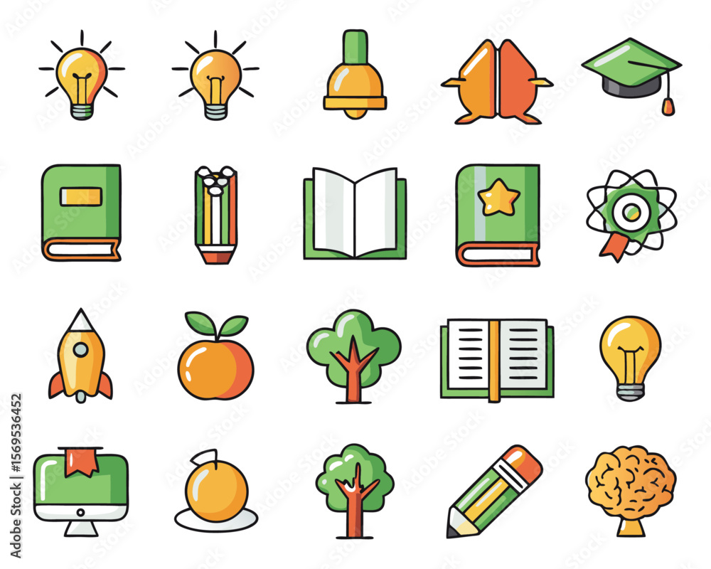 Poster comprehensive collection of academic and creative symbols representing learning knowledge innovation