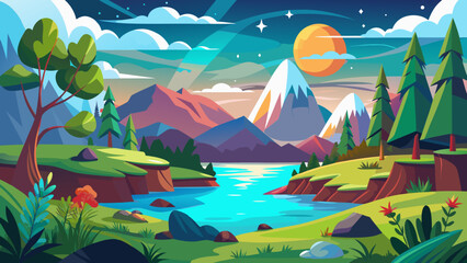Vibrant flat design landscape with mountains lake and sun