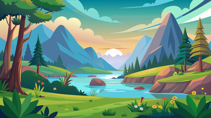 Serene mountain landscape with a winding river and lush greenery at sunset
