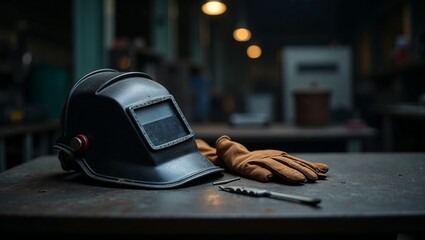 Welding helmet and gloves on workbench