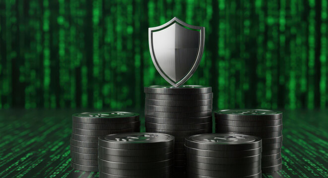 The increasing cost of digital security and financial data protection with rising coin stacks and a shield icon against a green matrix code background