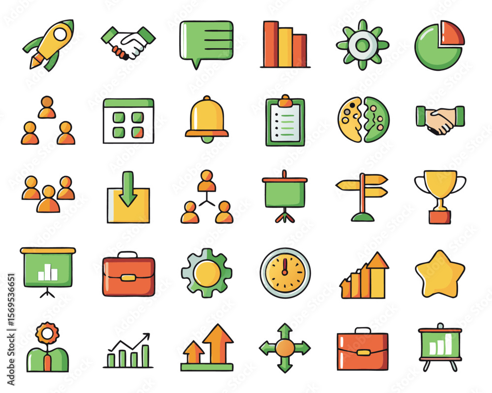 Poster collection of modern line art symbols representing collaboration learning and professional developme