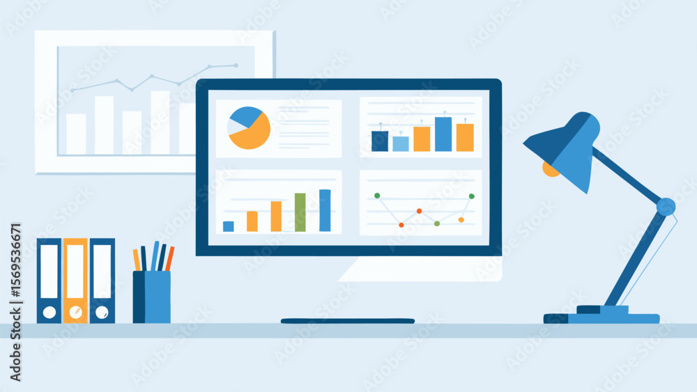 Poster illustration of a desk with a computer displaying charts and graphs with office supplies around it