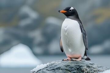 Obraz premium Penguin standing proudly on icy cliff with copy space. 