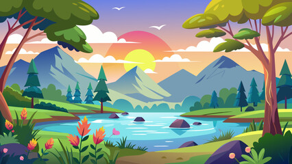 Serene mountain lake landscape at sunset with lush trees and wildflowers