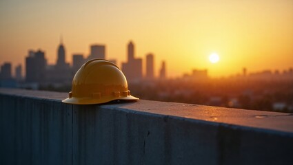  Yellow hard hat with city skyline at sunset