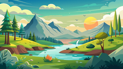 Vibrant mountain landscape with a winding river and a setting sun