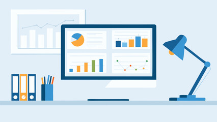 Illustration of a desk with a computer displaying charts and graphs with office supplies around it