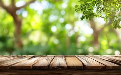 Rustic Wooden Table with Blurred Forest Background