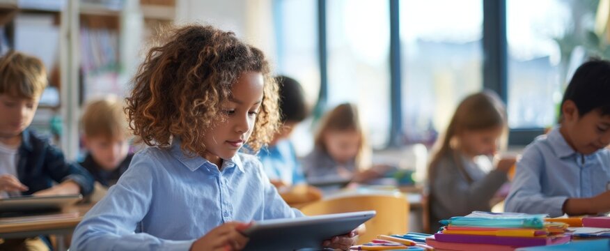 The young girl using a tablet in an engaging classroom environment.