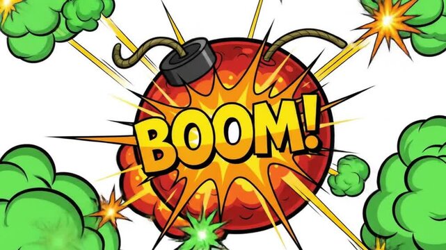 Cartoon bomb explodes dramatically, creating chaos and visual impact in a dynamic design with comic book style elements.