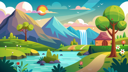 Idyllic mountain landscape with waterfall river and cozy cabin