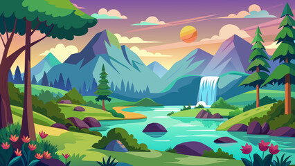 Vibrant cartoon landscape with a waterfall mountains and a serene lake at sunset