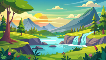 Vibrant cartoon landscape with a serene lake cascading waterfall and majestic mountains at sunset