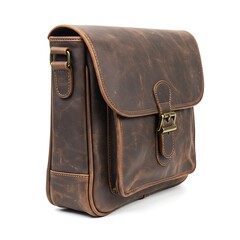 thai water buffalo leather bag, deep brown tone with durable stitching, rustic fashion feel, isolated on white background