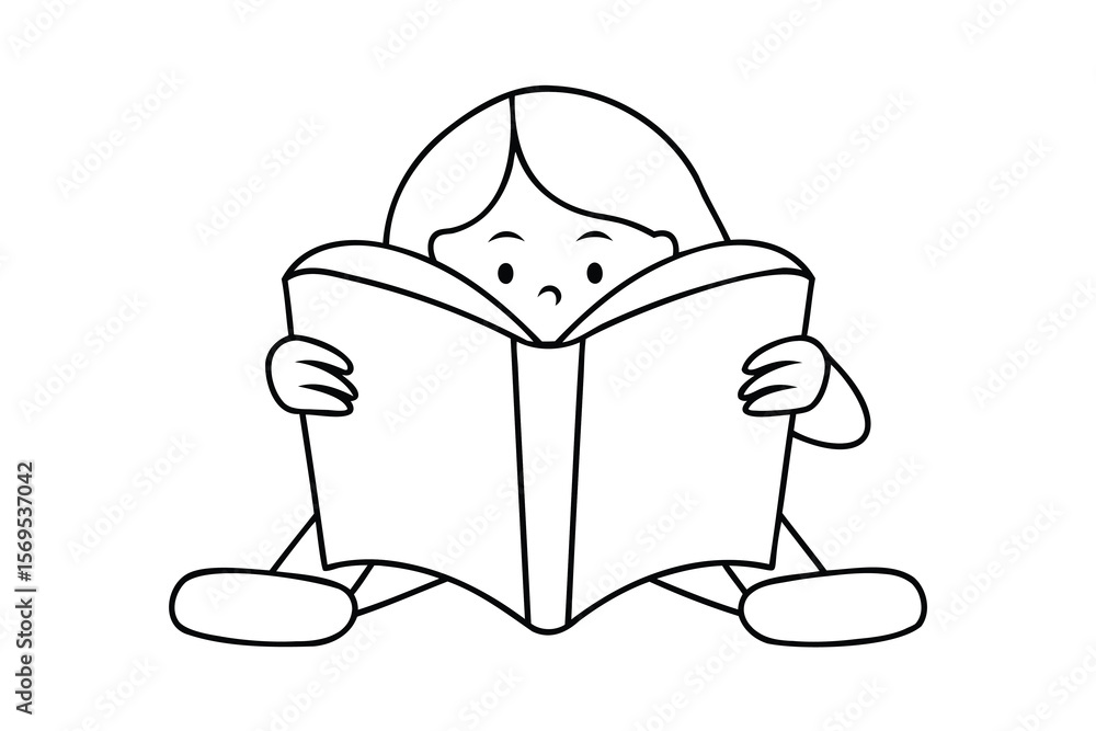 Poster outline a child reading a book with open pages on a vector