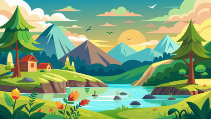 Peaceful mountain landscape with a serene lake and cozy cabins at sunrise
