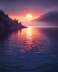 Tranquil Mountain Lake Sunset Reflection sunset lake mountain reflection tranquil sunrise water serene peaceful landscape nature outdoors sky orange purple blue pink mist fog atmospheric calm light