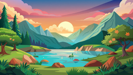 Serene mountain lake at sunset with vibrant colorful sky and lush green landscape