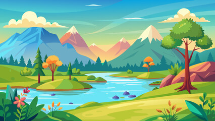 Vibrant cartoon landscape with snow capped mountains and a winding river