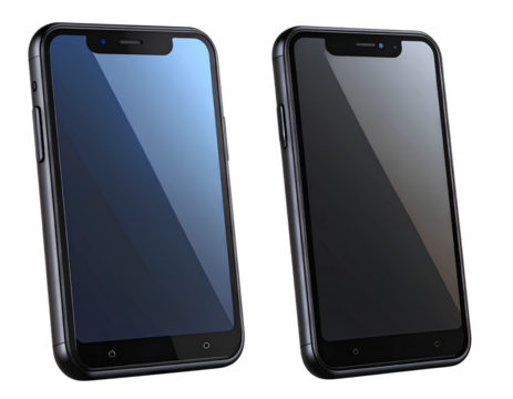 Set of Two Toy-Like Black Smartphones with Rounded Screens, Transparent Background