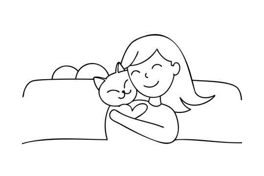 Smiling girl hugging a cat with closed eyes on a couch in line art child animal