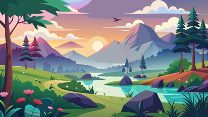 Vibrant mountain landscape with river and sunset sky